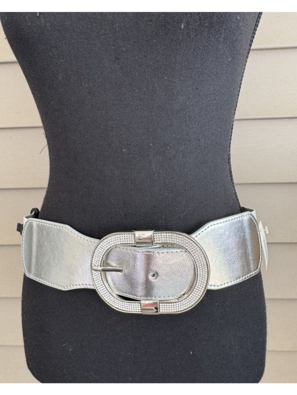 Women's Silver Stretch Wide Faux Leather Wide Fabric Belt Hook Bling Buckle S M